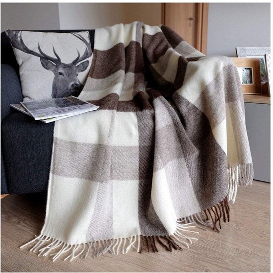 Linen & Cotton Warme Zachte Wollen Deken Woondeken Knuffeldeken Columbus - 100% Nieuw-Zeelandse Wol, Bruin (140 x 200 cm) Plaid Gooi Sprei Bank Bed Bankdeken Winterdeken Reisdeken Lamswol