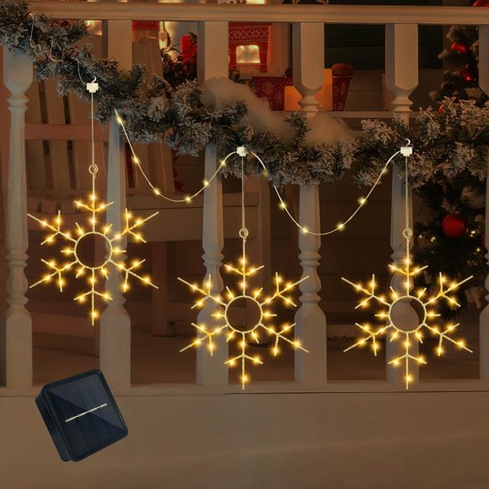 Lichtsnoer op zonne-energie voor buiten, sneeuwvlokken, groot, 3 stuks, 4 m, kerstverlichting buiten, warmwit, lichtketting op zonne-energie, weerbestendig, led-kerstdecoratie, tuin, balkon, binnen