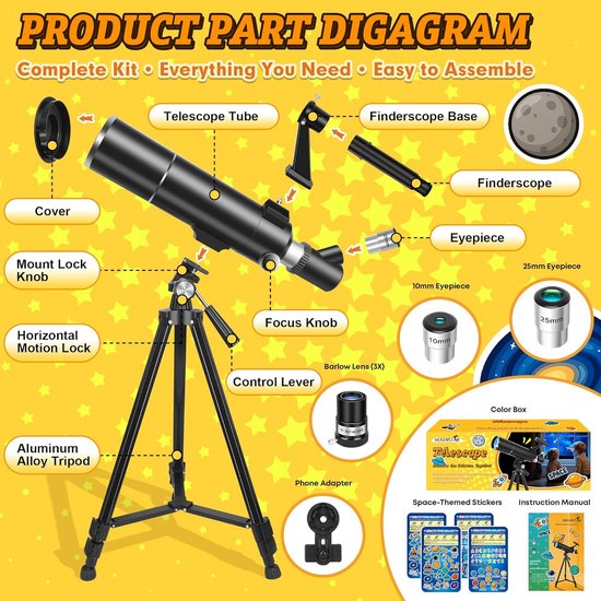 Telescopen Astronomie Refractor Telescoop met Verstelbaar Statief & Telefoon Adapter, Draagbare Telescoop voor Kinderen Volwassenen Beginners, Eenvoudig te monteren en te gebruiken Interessant