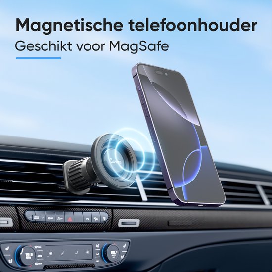 Zwarte magnetische telefoonhouder, geschikt voor MagSafe, gemonteerd in een auto-ventilatiesysteem.