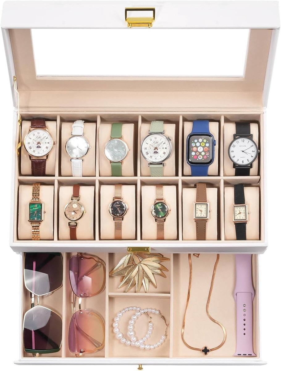 Horlogehouder met 12 vakken met lade, doos voor dames, dubbellaagse displaydoos met glazen deksel voor dames en heren - wit