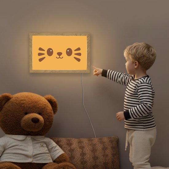 Nachtlampje 30x20 cm - Kinder lampje - Kat - Simplistisch - Oranje - Vrolijk - Tafellamp kinderkamer - Slaapkamer lamp - Bedlamp kinderen - Kinderlampje stopcontact - Wandlamp babykamer - Nachtlampjes van Merkloos — afbeelding 5