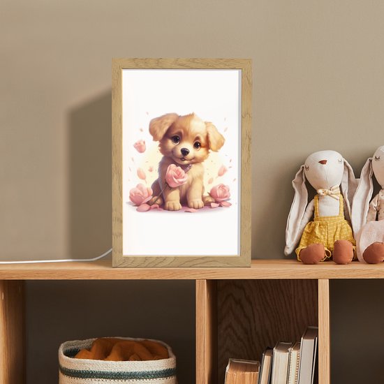 Nachtlampje 20x30 cm - Kinder lamp - Hond - Bloemen - Roze - Meisjes - Kind - Tafellamp kinderkamer - Slaapkamer lamp - Bedlamp kinderen - Kinderlampje stopcontact - Wandlamp babykamer - Nachtlampjes van CombiCraft — afbeelding 3