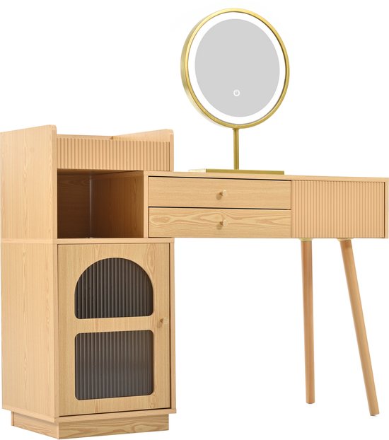 80cm Houten Kaptafel, Kaptafel Met Spiegel En Verlichting