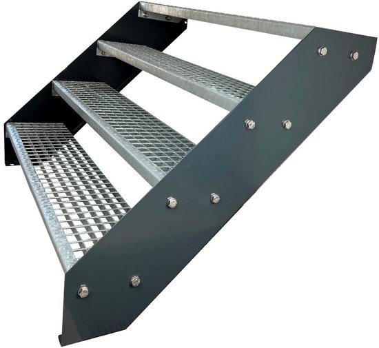 Grating stalen Stringer Trap 2 Treden Volledig gegalvaniseerd en Wit Gepoedercoate trapbomen - Afmetingen (L x B x H) 44cm x 80cm x 38cm Weerbestendig en corrosiebestendig