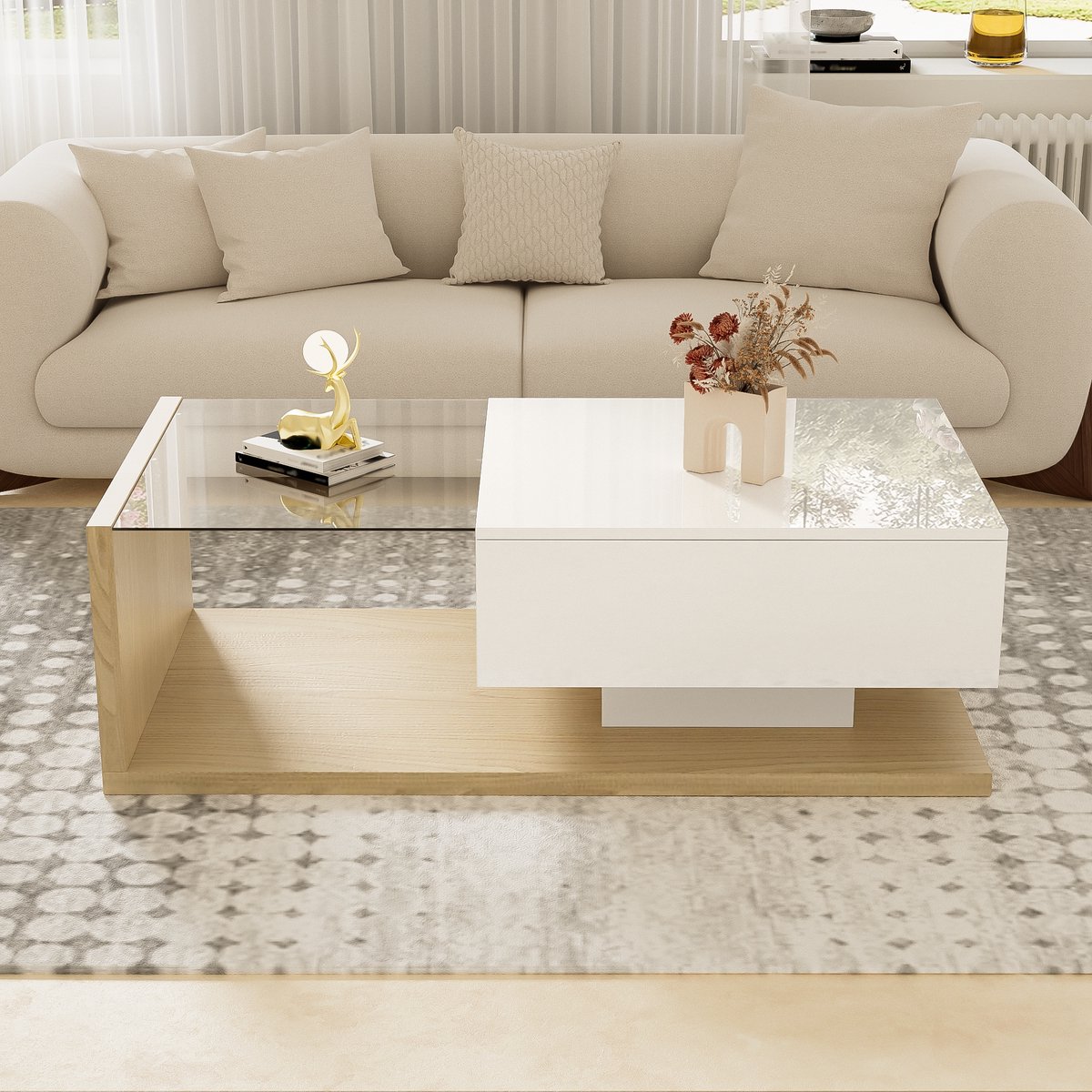 REDOM Salontafel 105x55x32,5 cm van spaanplaat en gehard glas, hoogglans wit en naturel met LED-effect