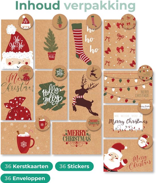 Overzicht van kerstkaarten met designs van o.a. kerstman, kerstboom, kerstsok, rendier, kerstcadeauzak en kerstlichtjes.