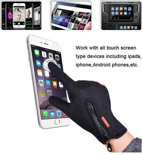Zwarte fietshandschoen die een smartphone bedient. Werkt met alle touch screen apparaten.