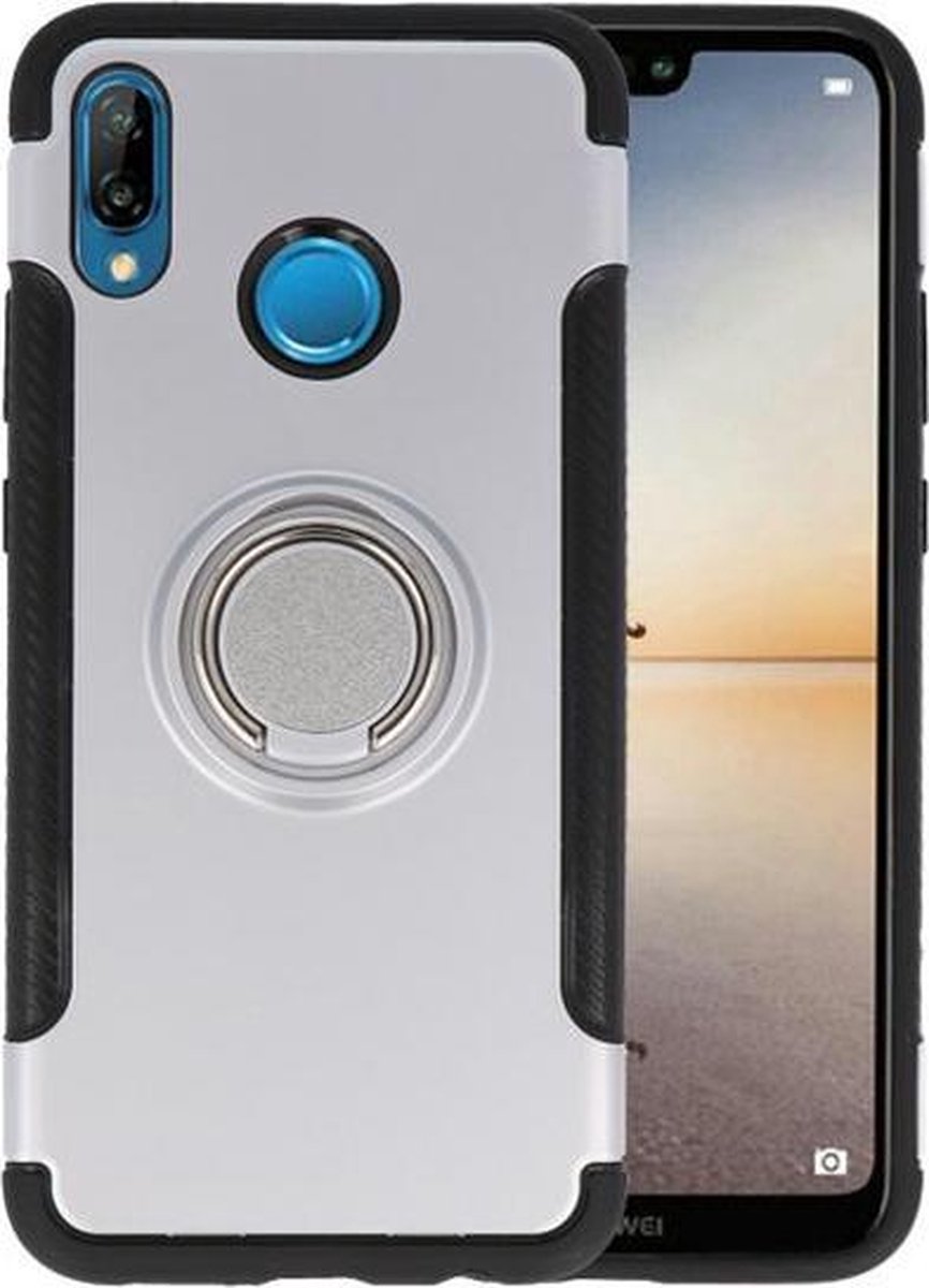 Zilver Pantser TPU met Ringhouder hoesje voor Huawei P20 Lite
