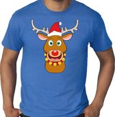 Grote maten fout Kerst t-shirt - Rudolf het rendier met kerstmuts - blauw voor heren -  plus size kerstkleding / kerst outfit 4XL