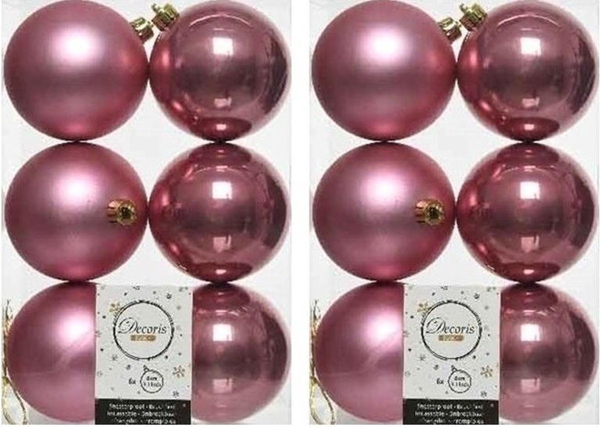 12x Oud roze kunststof kerstballen 8 cm Mat/glans Onbreekbare