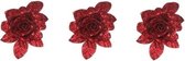 3x Kerstboomversiering bloem op clip rode glitter roos 15 cm - kerstboom decoratie - rode kerstversieringen
