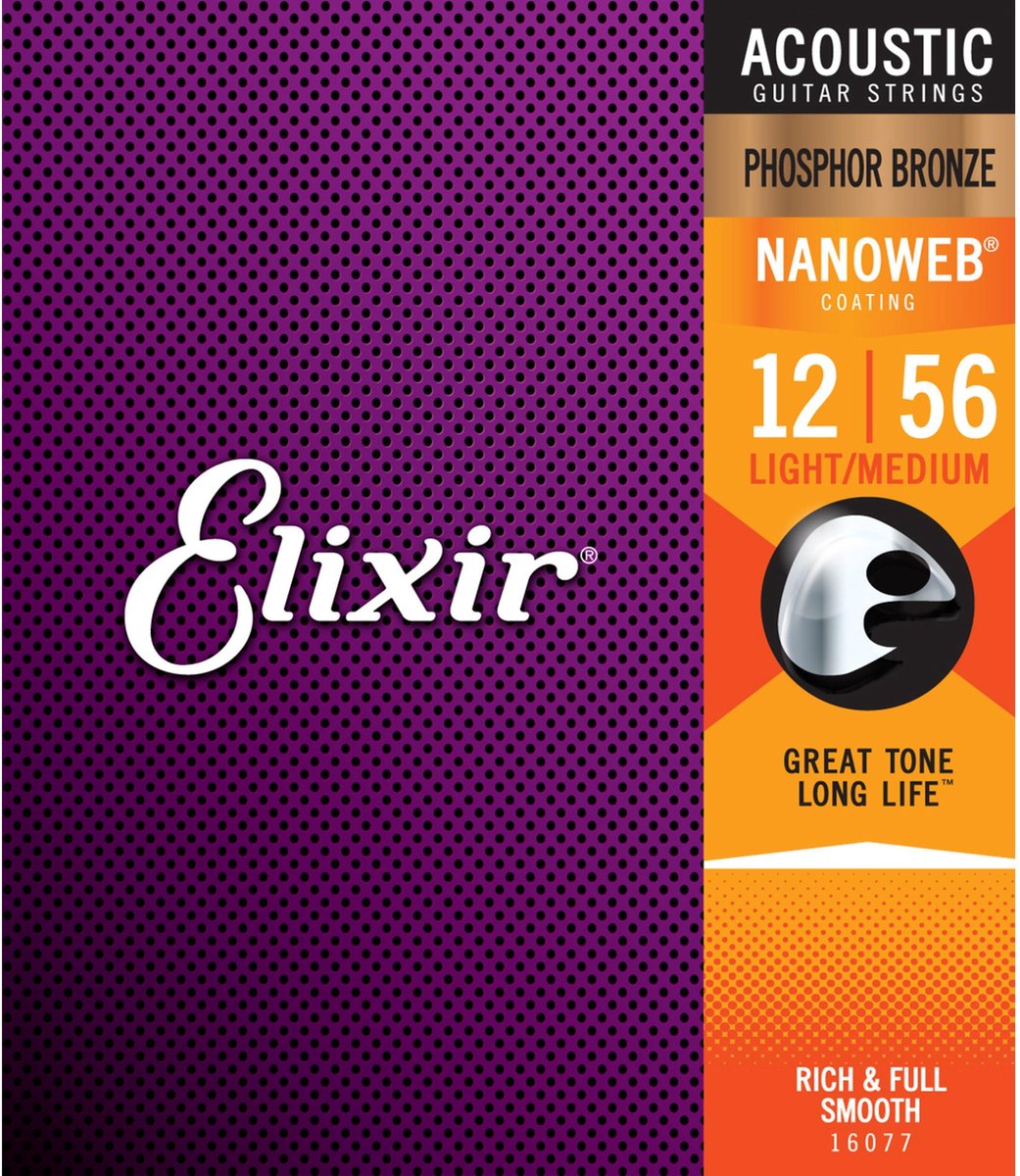 Elixir 16077 snaren voor akoestische gitaren 6 Akoestische fosfor Bronze Nanoweb Coating Light-Medium