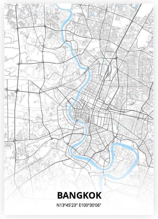 Bangkok plattegrond - A4 poster - Zwart blauwe stijl