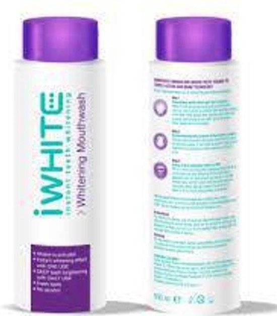 Twee witte flesjes iWhite mondwater met paarse dop. Eén flesje toont de voorkant en de ander de achterkant.