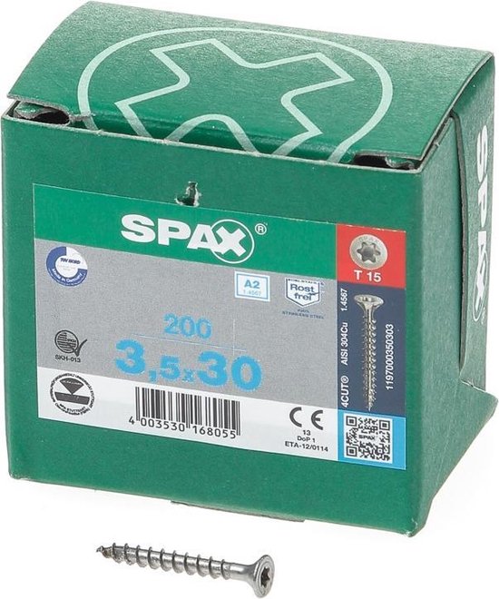 SPAX 1197000350303 Roestvaststalen schroef, Verzonken kop, 3.5 x 30, Voldraad, T-STAR plus T15 - blank - 200 stuks - Spax