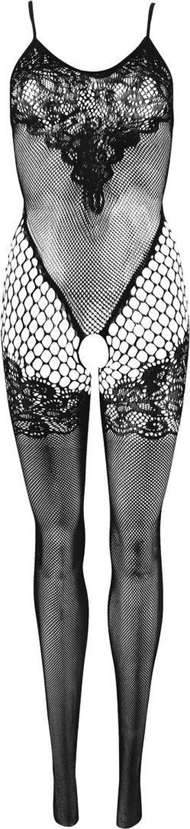 Mandy Mystery Line – Catsuit met Kanten Motief op Borsten en Dijen Open Kruis Ontwerp – One Size - Zwart