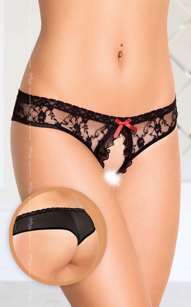 Softline - Sexy kanten slip met open kruis - Maat M/L - Zwart