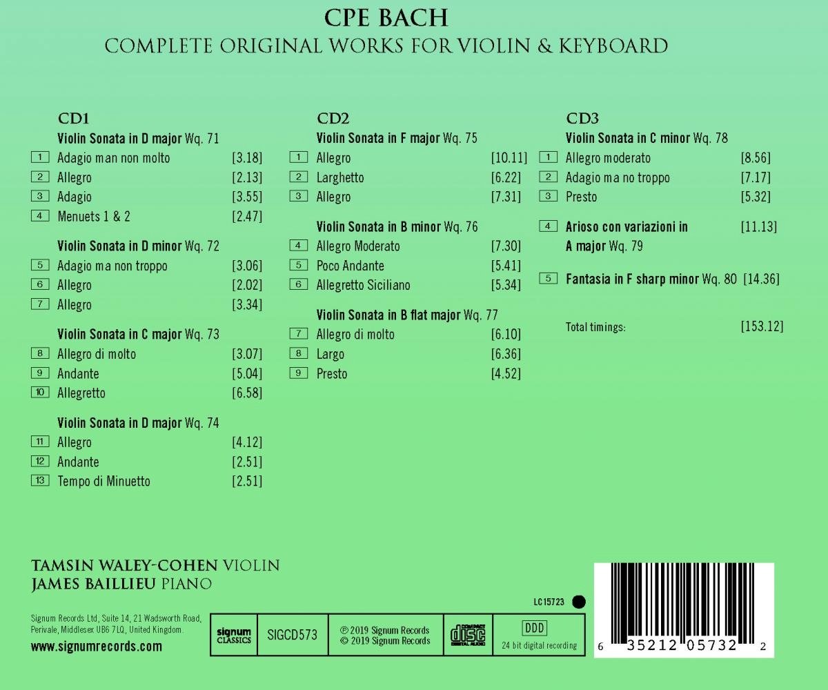 Cpe Bach Complete Original Works For Violin & Keyboard, James Baillieu