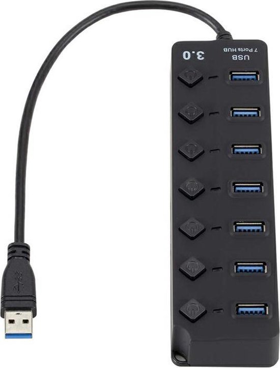 Supersnelle XL 7 Poorts USB 3.0 Hub / Switch / Splitter / Verdeler - Met Aan/Uit Schakelaar -  Compatibel Met Windows PC Laptop & Apple Mac - Zwart - AA Commerce