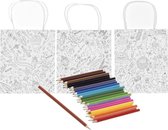 3x Knutsel papieren tassen/tasjes om in te kleuren met 24 kleurpotloden voor kinderen - Knutselmateriaal tas inkleuren