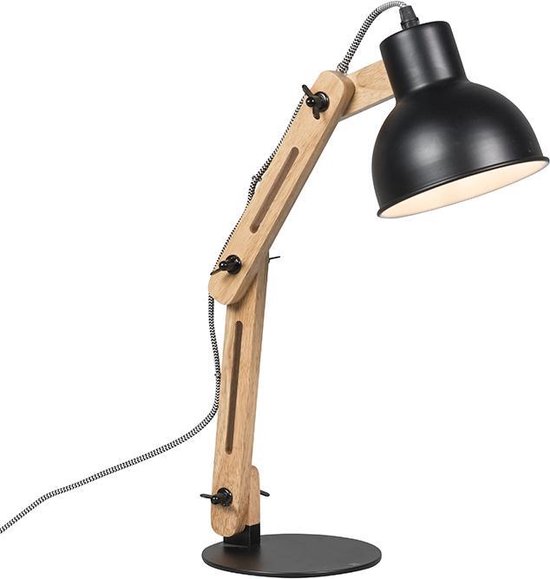 QAZQA woodi - Bureaulamp - 1 lichts - H 520 mm - Zwart