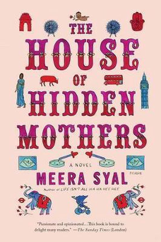 De omslag van 'The House of Hidden Mothers' met de titel in paarse letters, en diverse kleurrijke illustraties zoals olifanten, een rode bus en Big Ben.