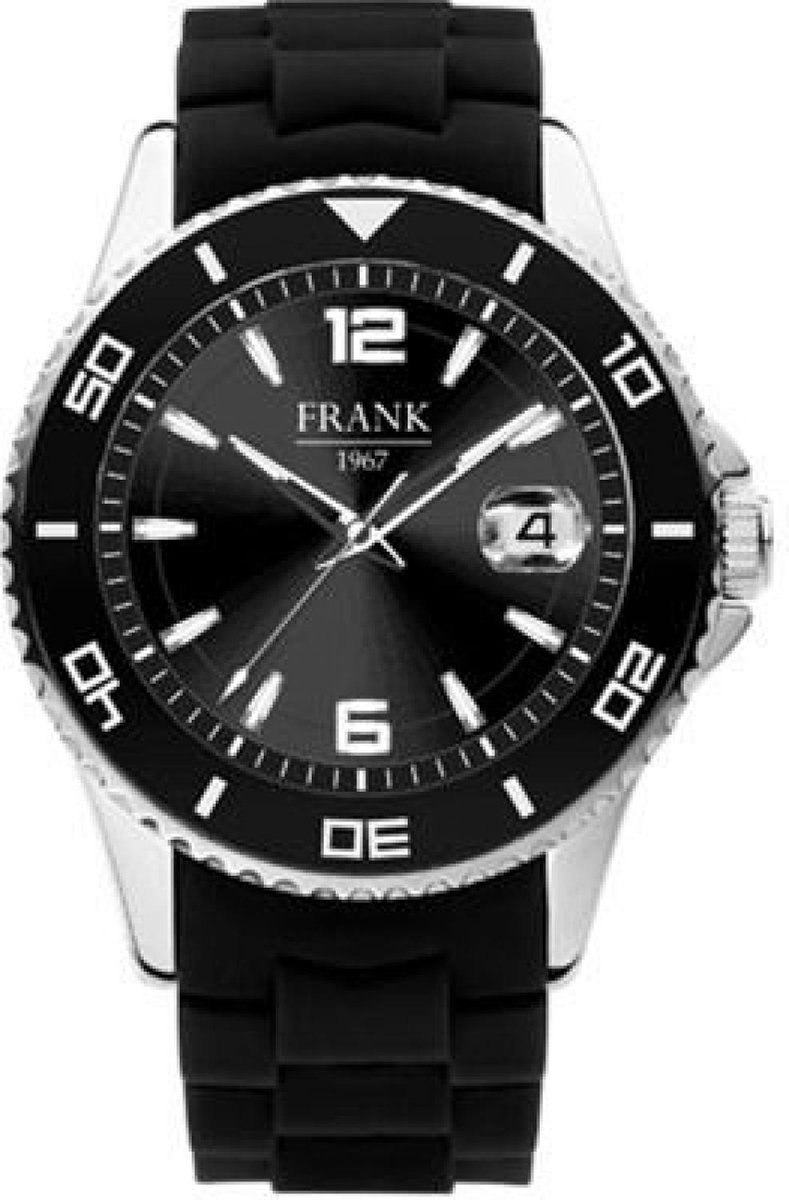 Frank 1967 7FW-0017 - Stalen horloge met een siliconen band - zwart en zilverkleurig - Ø 44 mm