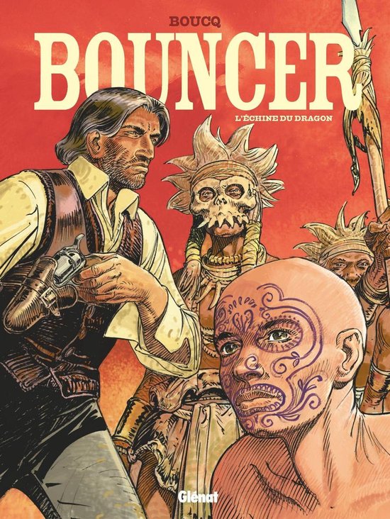 Bouncer comic omslag: Man met wapen kijkt naar inheemse figuren met schedelmaskers en tatoeages.