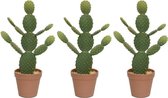 3x Groene Opuntia/schijfcactus kunstplanten 43 cm in bruine/terracotta pot - Kunstplanten/nepplanten