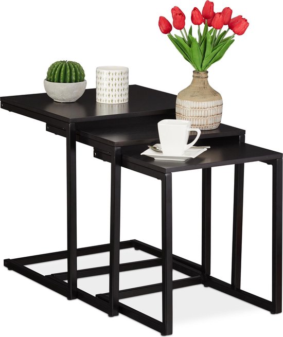 lezer Email hetzelfde Relaxdays bijzettafel set - salontafel set van 3 - u vorm hout - bijzettafeltjes  zwart | bol.com