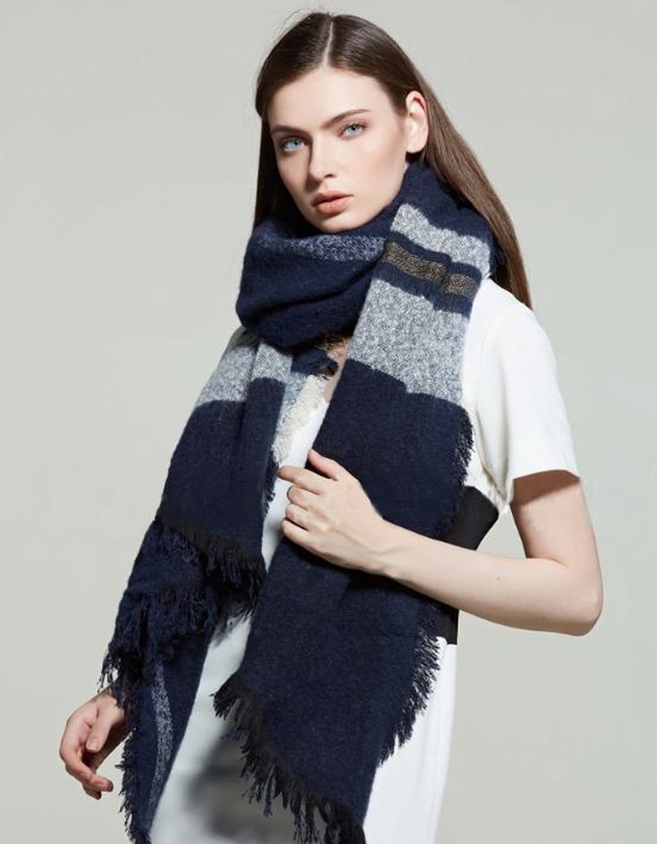 Warme dames sjaal Wide Stripe|Blauw wit grijs|Gestreept Geruit|Lange dames  shawl | bol.com