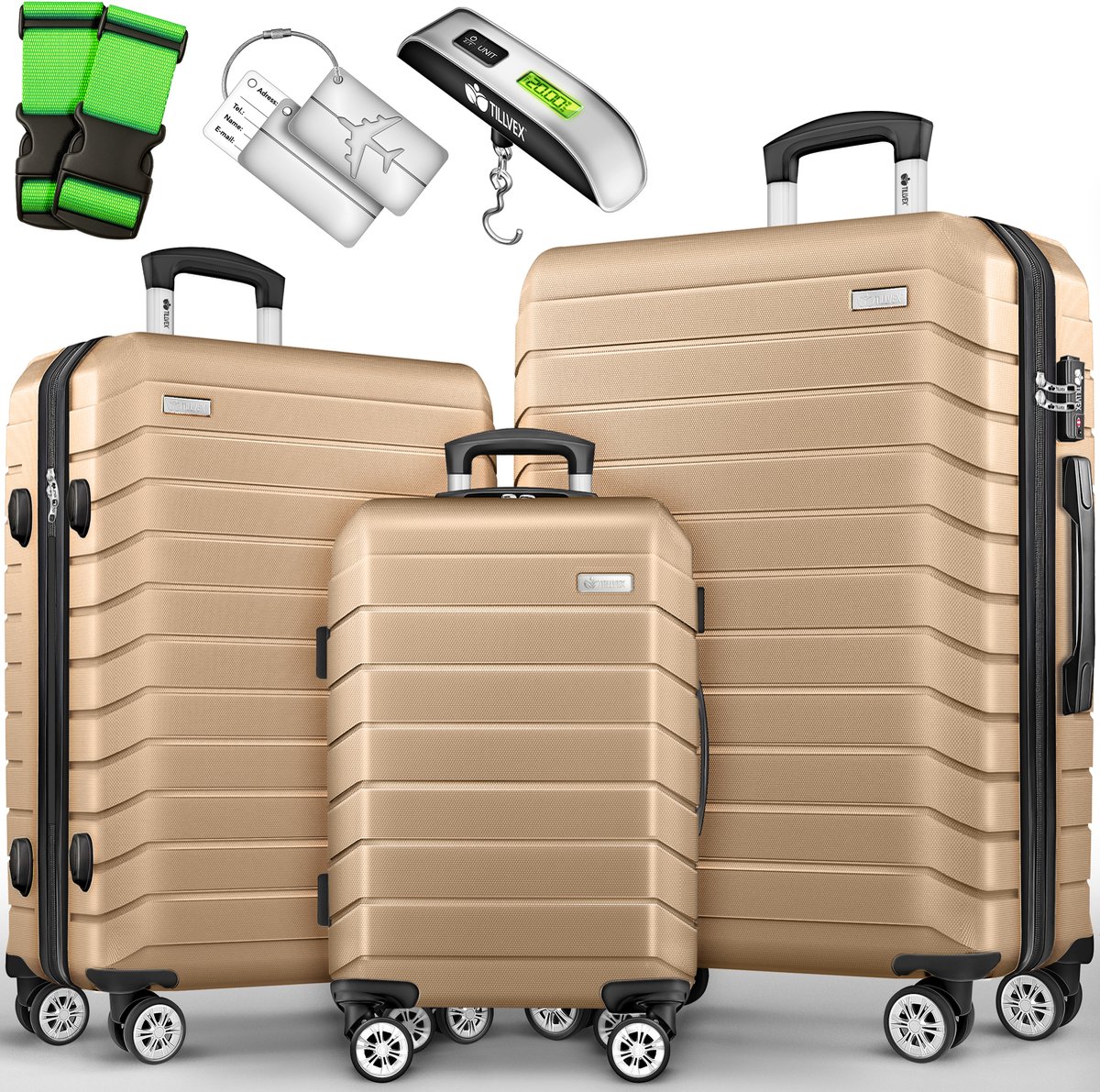 tillvex® reiskofferset 3-delig + bagageweegschaal, 6X kofferriemen & 3X kofferhangers | kofferset 4 wielen | trolley bagage koffer TSA slot | set koffer met harde schaal M-L-XL, lila, Kofferset 3tlg