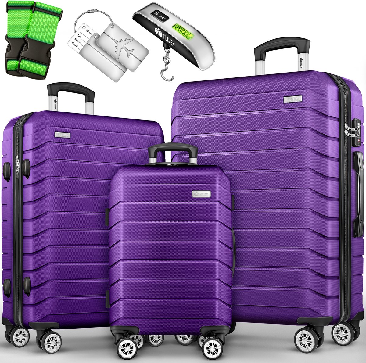 tillvex® reiskofferset 3-delig + bagageweegschaal, 6X kofferriemen & 3X kofferhangers | kofferset 4 wielen | trolley bagage koffer TSA slot | set koffer met harde schaal M-L-XL, lila, Kofferset 3tlg