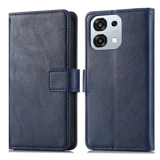 Donkerblauwe lederlook bookcase telefoonhoes, gesloten en open met camera-uitsparing.