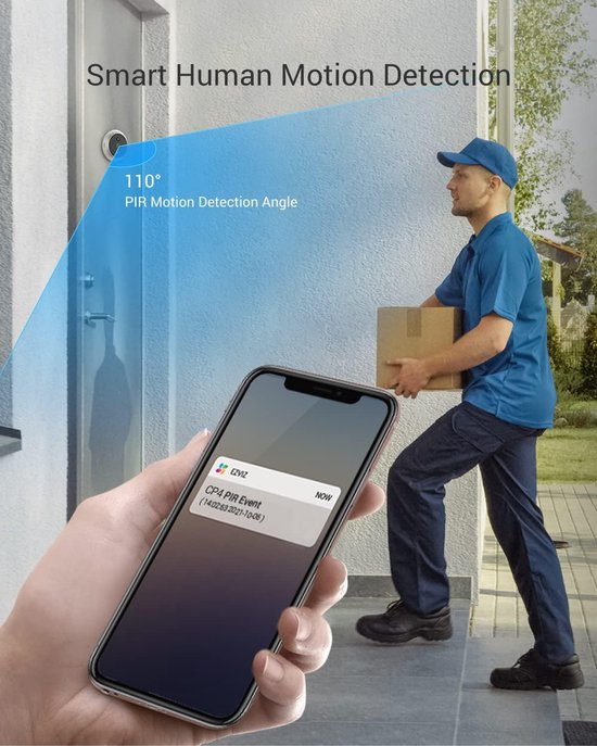 Bezorger met pakket wordt gedetecteerd met een 110° PIR bewegingsdetectiehoek, weergegeven op een telefoon.