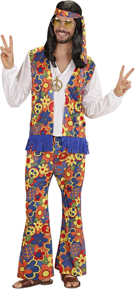 Hippie Kostuum voor Mannen met Gilet, Broek, Bandana en Ketting voor Carnaval en Themafeesten
