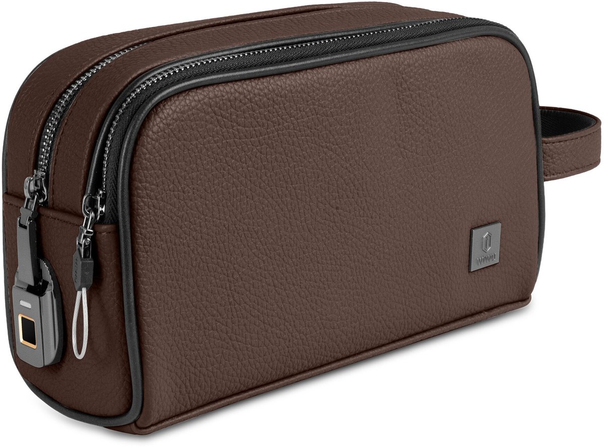 WiWU Reistas Pro voor Smartphone Accessoires - Organizer met Biometrisch Vingerafdruk Slot - Waterbestendig PU Leer - Anti-Diefstal Reis Tas - Dual-Layer Design - Bruin