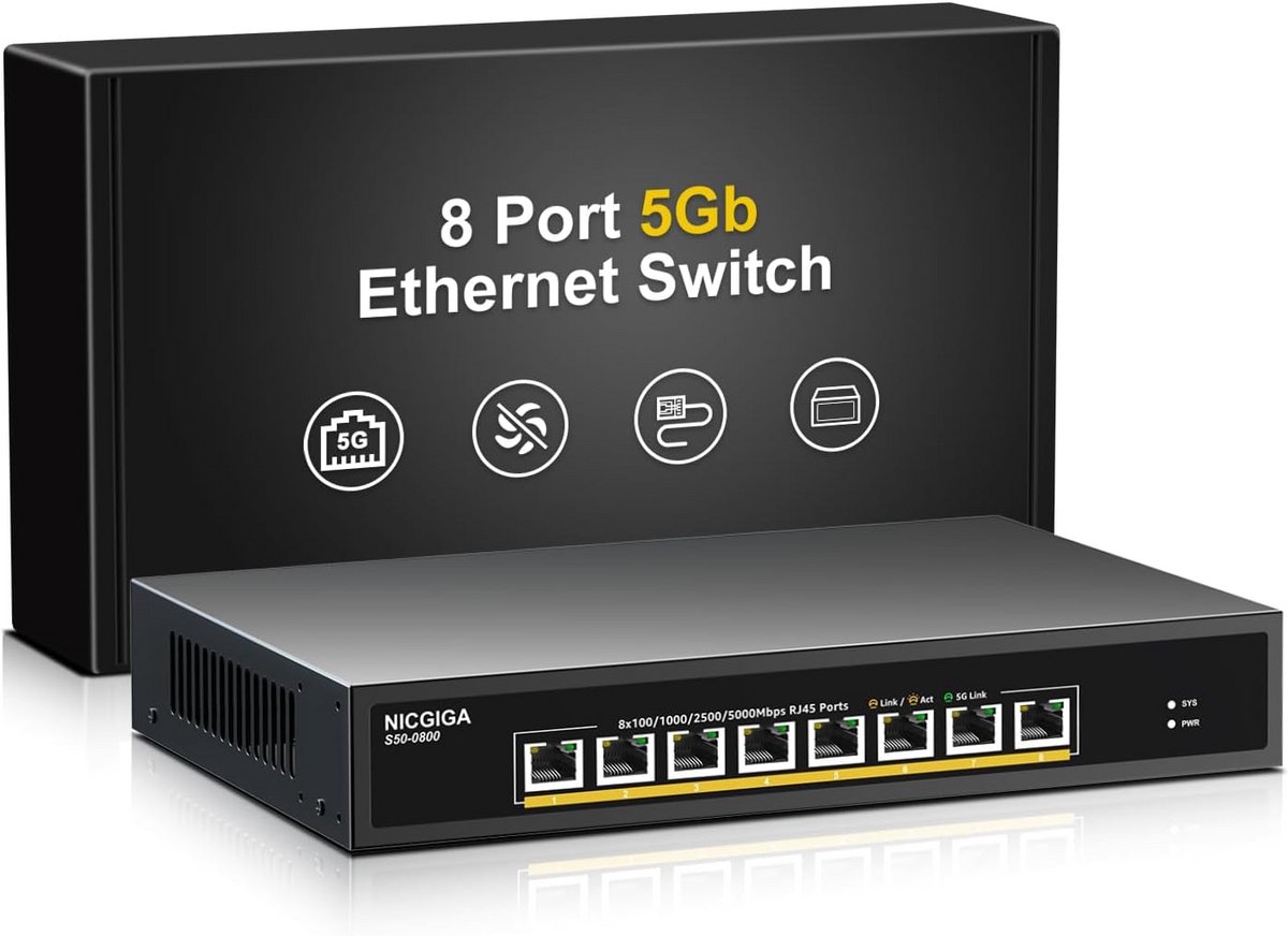 8-poorts 5 Gb Ethernet-switch met 5G Ethernet-poorten voor snelle netwerken