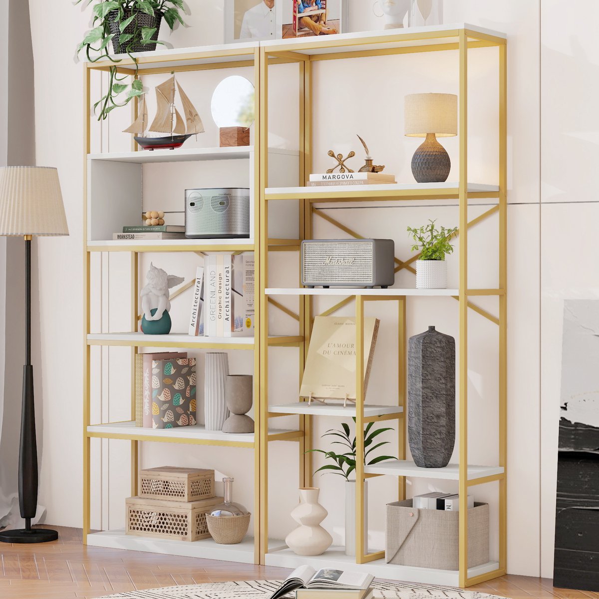 OKWISH Boekenkast - Open Opbergrek Met Meerdere Vakken - Woonkamer En Kantoor - MDF En Metaal Wit Goud - 160x29,5x180 cm