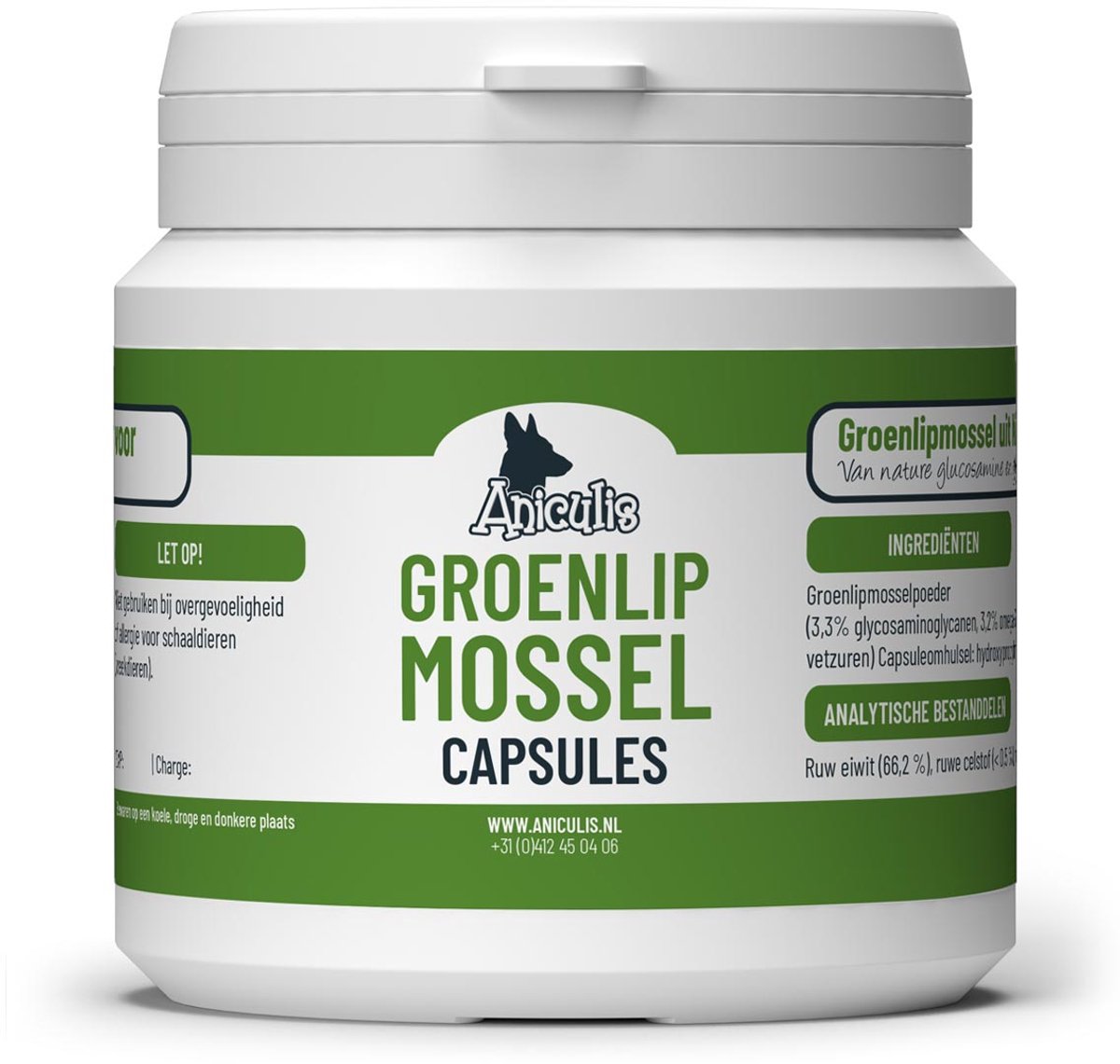 Aniculis Groenlipmossel capsules voor honden - 100% volvette groenlipmossel - Natuurlijke glucosamine - 100 stuks