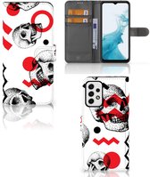 Coque Samsung Galaxy A23 PU Cuir Premium Flip Case pour Crâne Rouge