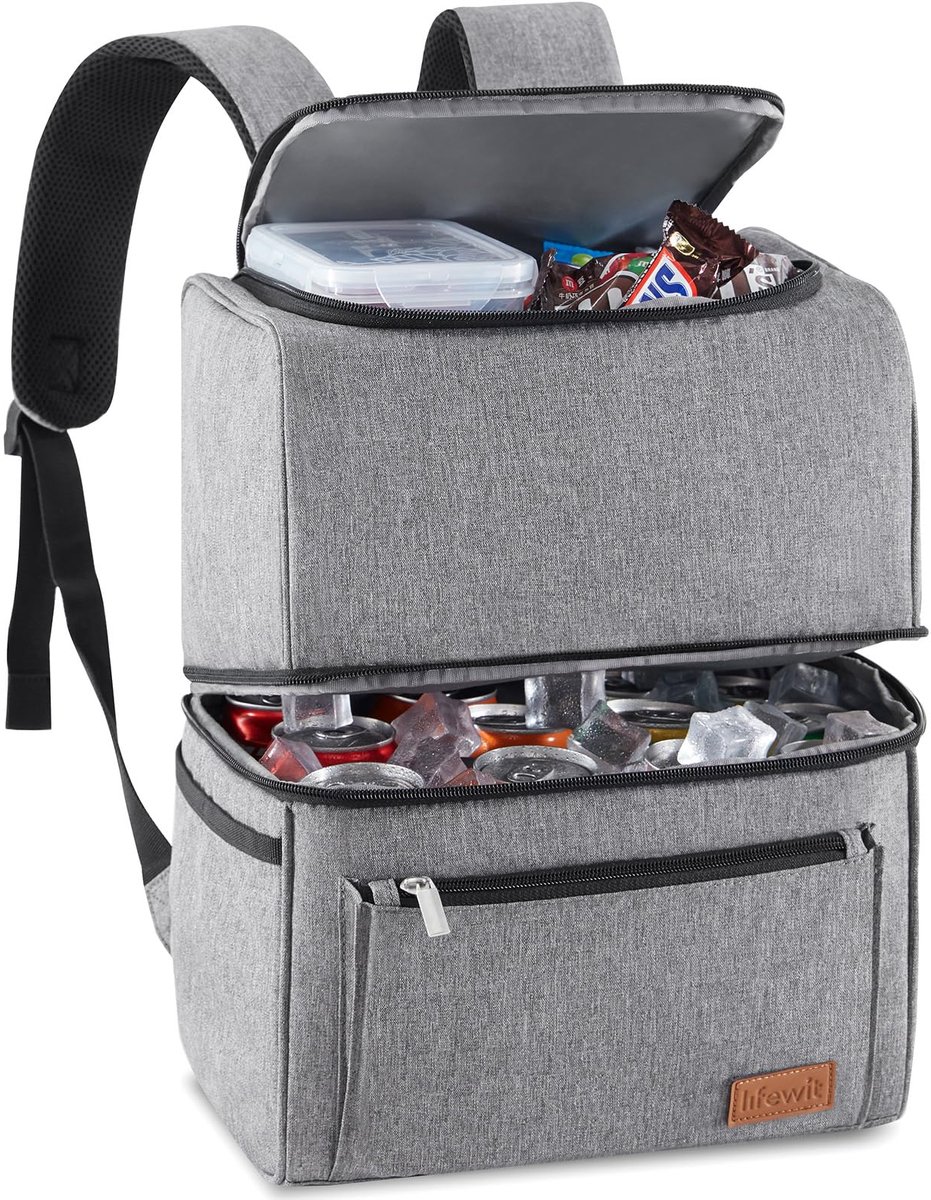 21L 30 Blikken Geïsoleerde Koelrugzak Thermische Koeltas Zachte Picknickrugtas Lekvrije Dubbeldekker Voedsel Lunchtas voor Mannen Vrouwen Mama voor Lunch/Picknick/Winkelen/Reizen Grijs