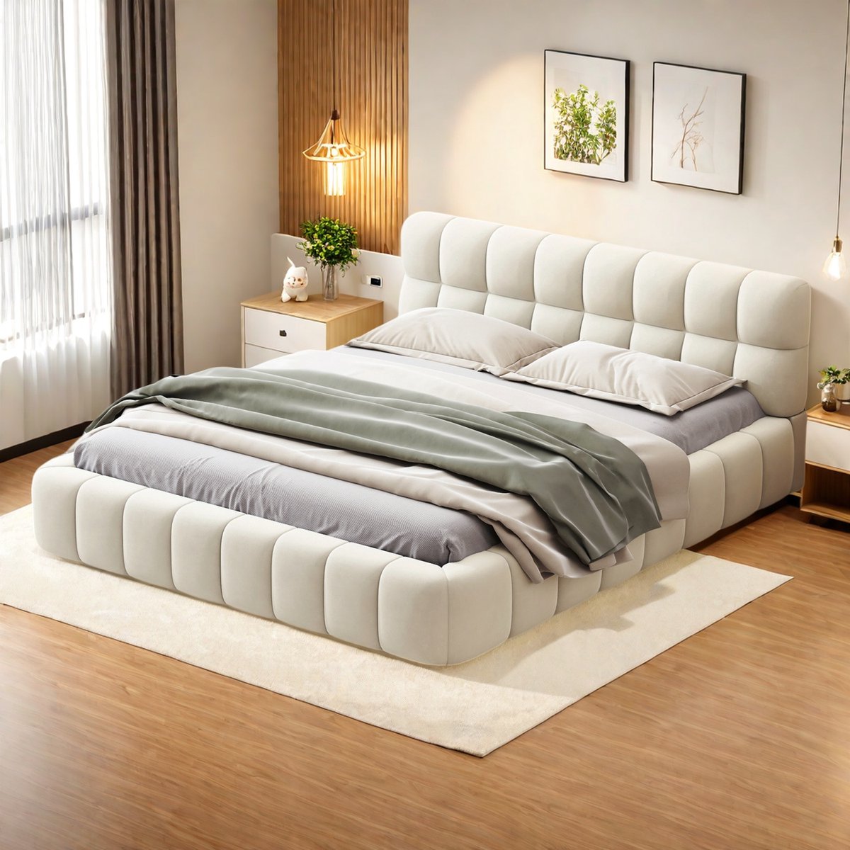 Tweepersoonsbed 140x200 cm – Beige Linnen Bedframe, Gestoffeerd Bed voor Slaapkamer