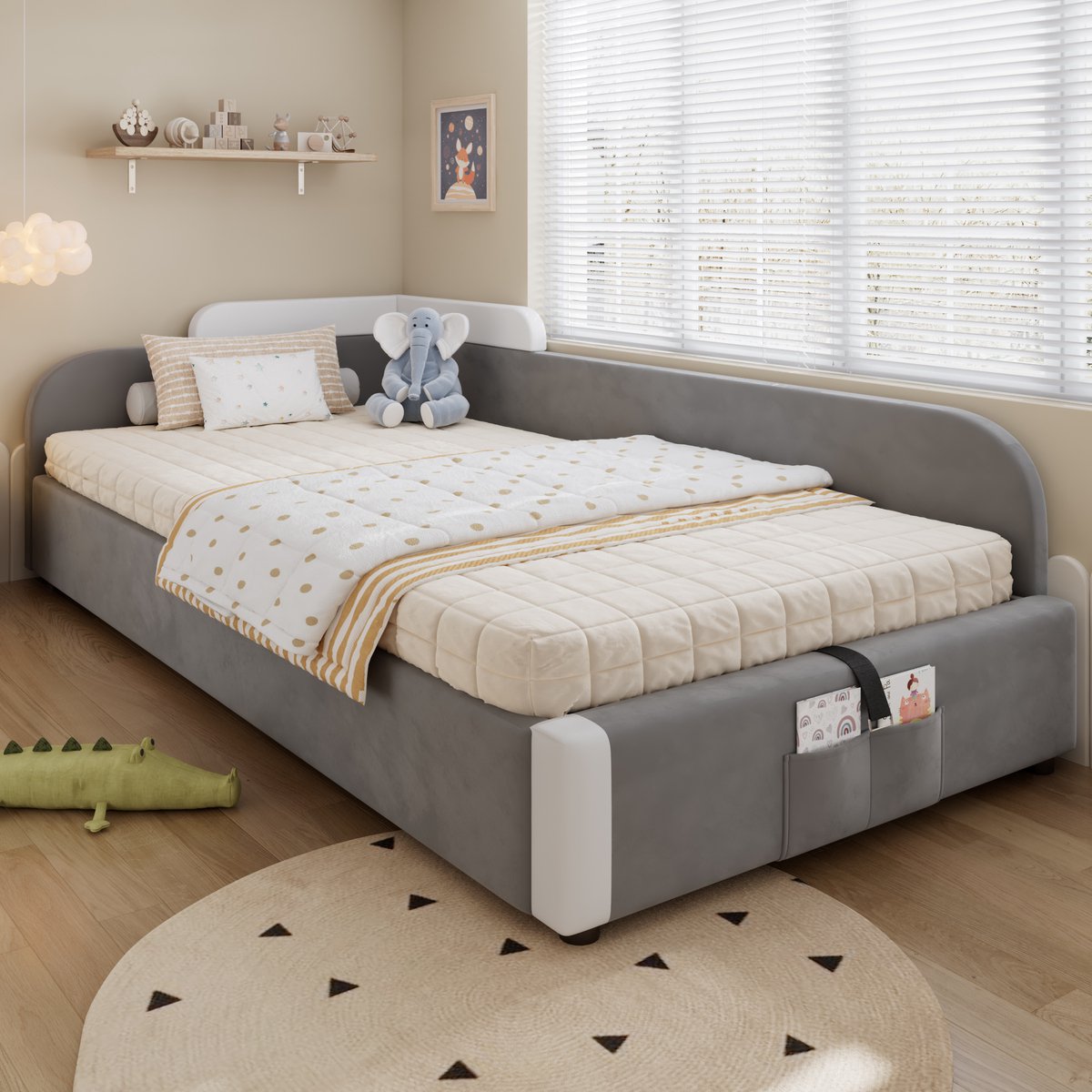 MODFU Kinderbed – 90x200 cm – Met hydraulische opbergruimte & zachte rand – Fluweel Wit + Grijs
