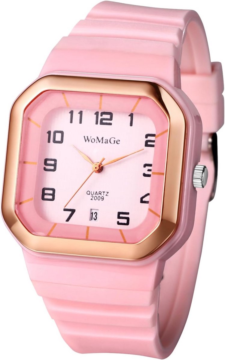 Dameshorloge met vierkante kast en siliconen band - Analoog Kwarts met Kalender