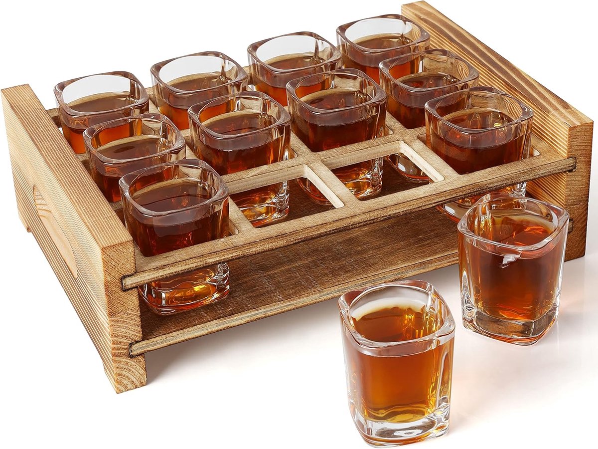 Set van 12 Shotglaasjes met Rustieke Houten Serveerplank - 60ml Borrelglazen met Basis