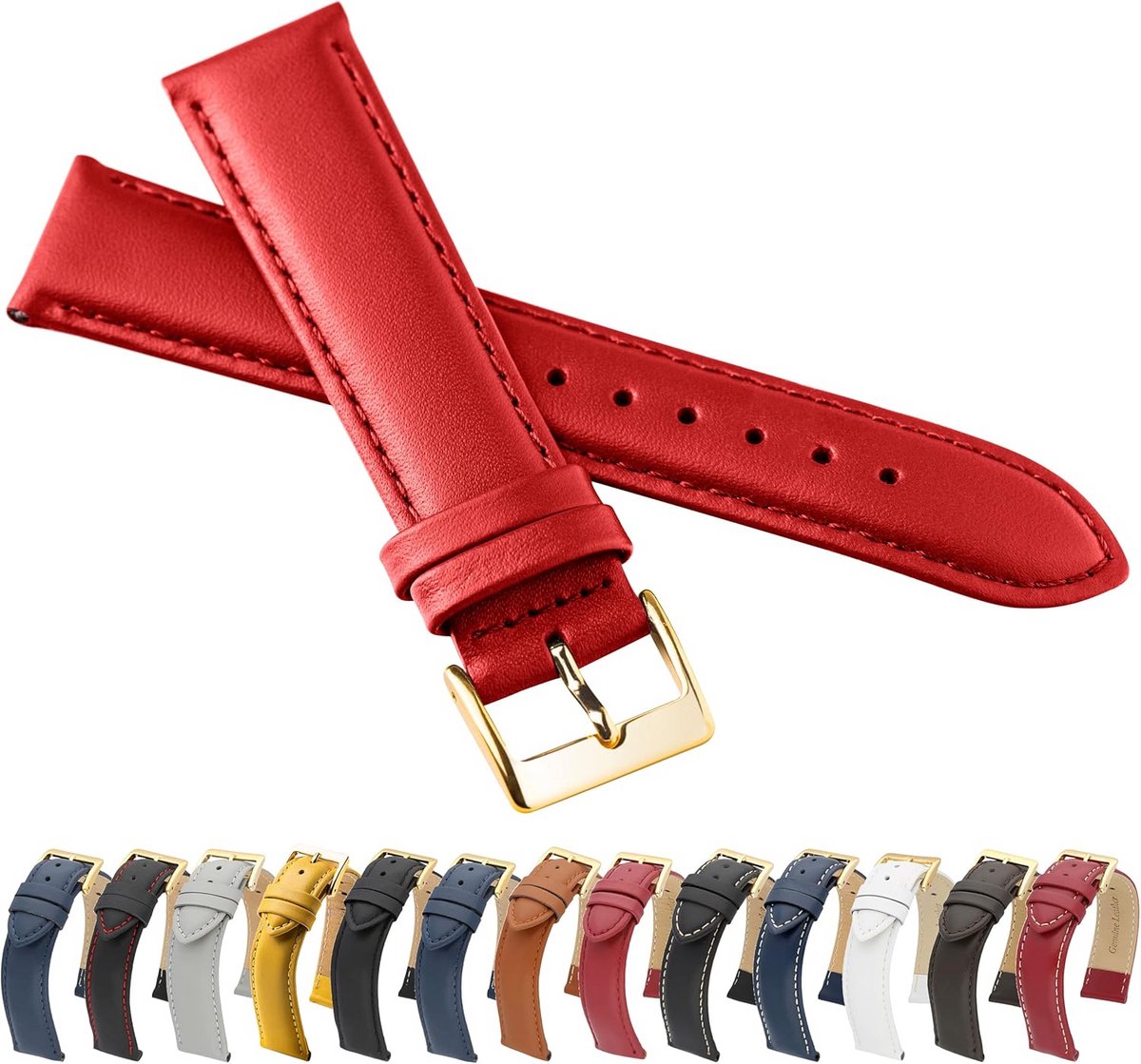 Leren Horlogeband Glad Leer Rood met Gouden Gesp Unisex