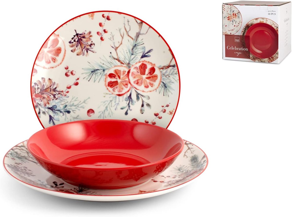 18-delig Kerst Servies Set Porselein Rood en Wit