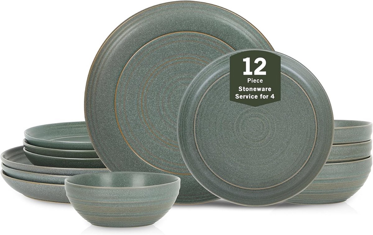 12-delige aardewerk servies set voor 4 personen, borden en kommen, frisgroen
